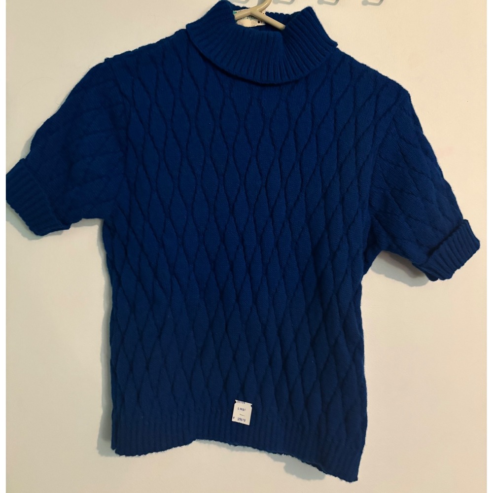 Vtg 70s  Womens Susan Clark Orlon Acrylic Short Sleeve  Blue Turtleneck‎ Sweater